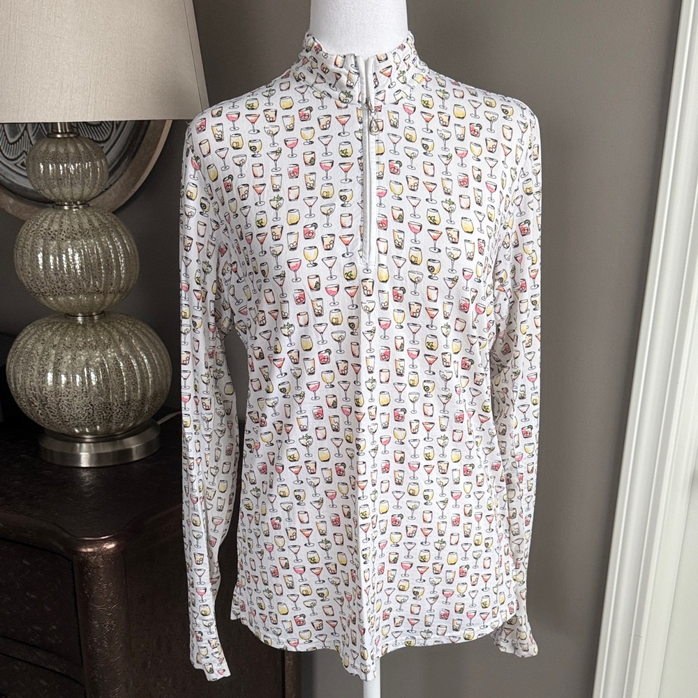 San Soleil Women's White Wine Glass Print Top